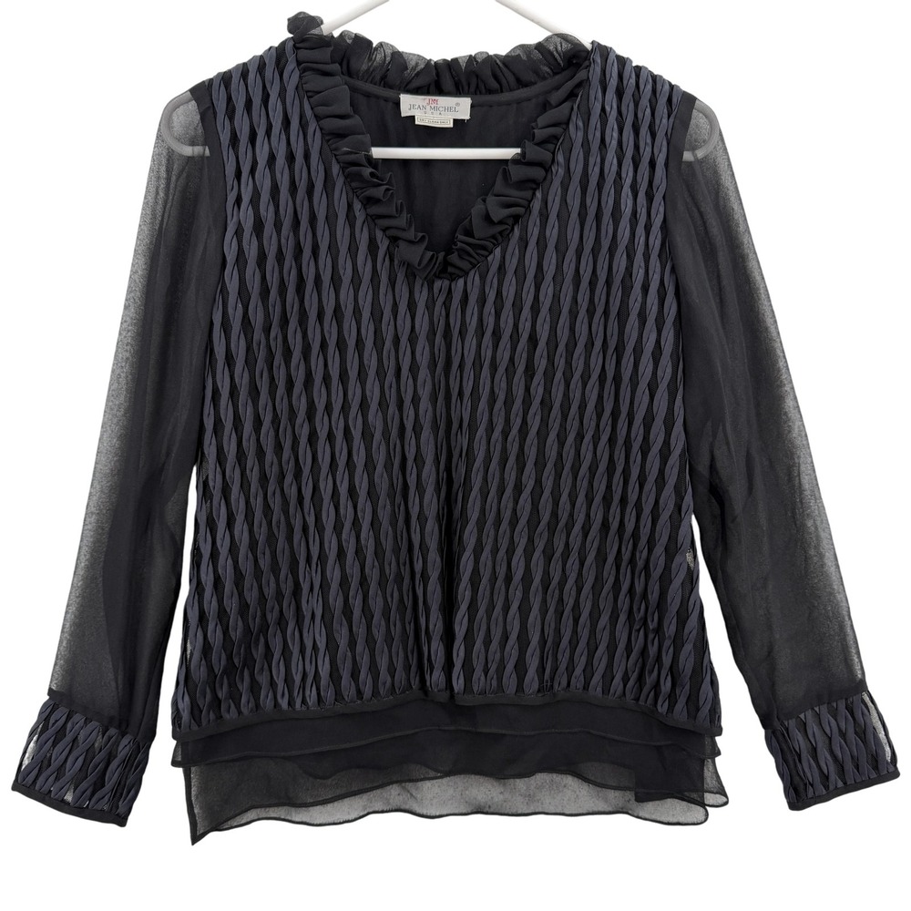 Jean Michel Blouse Shirt Womens Small Black Sheer Ruffle V Neck Textured Pleated